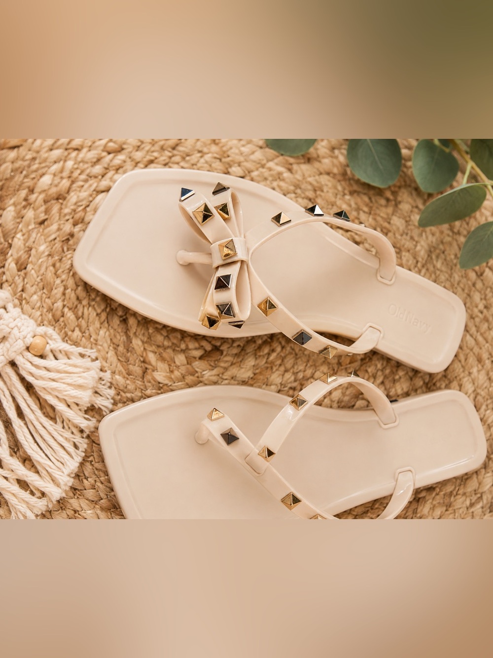 Beige Studded Bow Thong Sandals - Women's Neutral Flip Flops